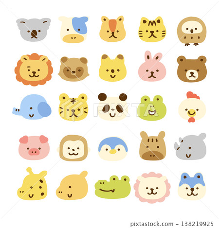 可愛的動物臉部圖示集，表現正常，無輪廓。 138219925