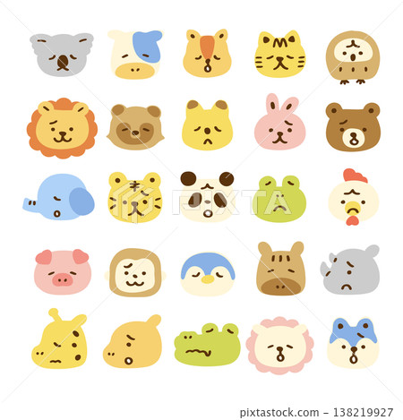 可愛的動物臉部圖示集：悲傷、擔憂、無輪廓。 138219927