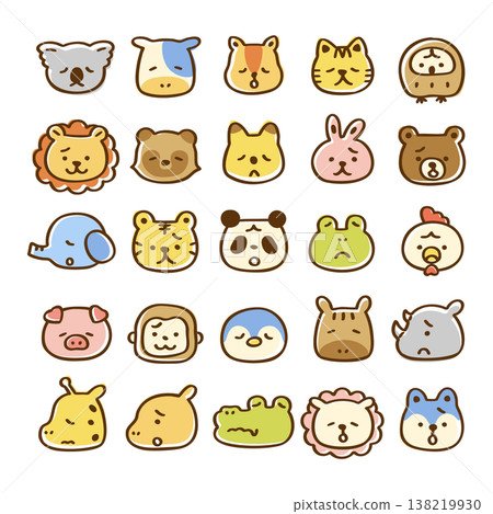 可愛的動物臉部圖示集：悲傷、擔憂和其他表情。 138219930