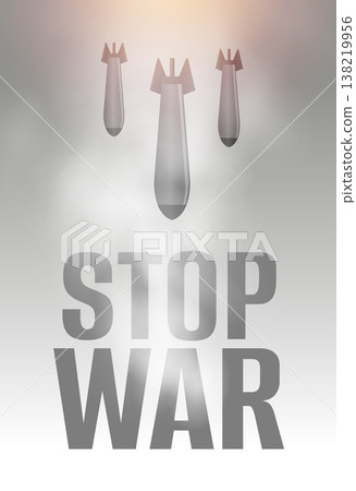 antiwar protest smoky poster with falling bombs and stop war text 138219956