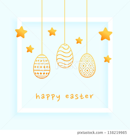 happy easter greeting card with hanging golden eggs and stars happy easter greeting card with hanging golden eggs and stars 138219985