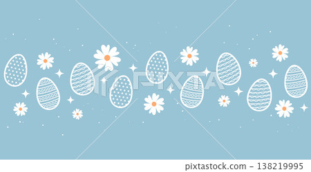 line art white easter eggs with daisy flowers on blue background 138219995