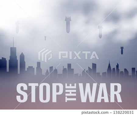stop the war poster with skyline city silhouette and falling bombs stop the war poster with skyline city silhouette and falling bombs 138220031