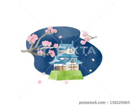 夜幕下的櫻花和城堡，花瓣隨風飄舞。水彩插畫。可愛、風格化、充滿春日氣息，帶有燈光效果，適合作為旅遊宣傳素材。 138220065