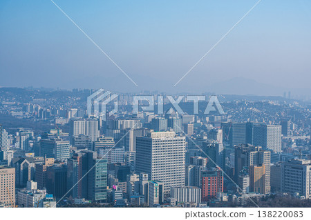 Seoul, South Korea : Feb. 18, 2026 : High angle view of Seoul city skyline with mountains under clear sky, South Korea. 138220083