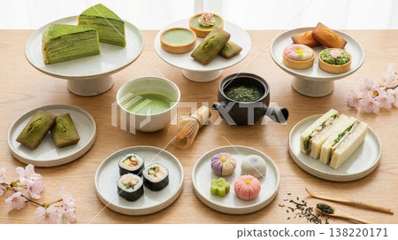 一張俯拍照片，展示了擺放在白色盤子裡的現代素食可食用花朵形狀壽司捲和配菜。 138220171