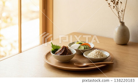 An overview of a healthy gut-friendly set meal featuring vegetable side dishes pickled in koji and miso, and brown rice. 138220183