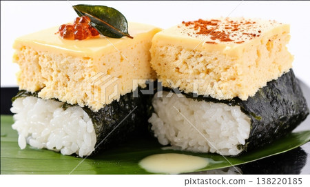 特寫鏡頭展示了用海苔包裹米飯,上面蓋著厚厚蛋捲的精緻飯糰。 特寫鏡頭展示了用海苔包裹米飯,上面蓋著厚厚蛋捲的精緻飯糰。 138220185