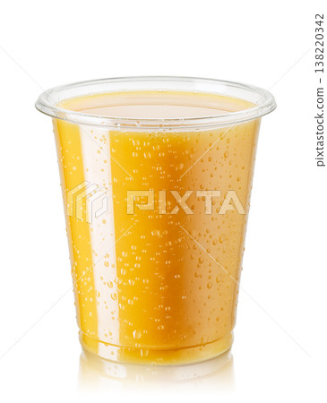Disposable plastic glass of cold orange juice isolated on white background 138220342