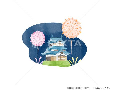 Castle, fireworks, watercolor illustration, cute, stylized, summer, night sky, sightseeing, material 138220630