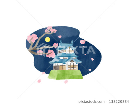 Cherry blossoms at night, castle, full moon, fluttering petals, watercolor illustration, cute, stylized, spring, light-up, sightseeing. 138220884