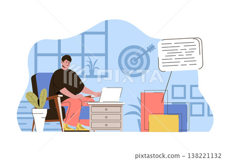 Content marketing concept. Marketer writes texts, makes ad campaigns situation. Management, business promotion people scene. Vector illustration with flat character design for website and mobile site Content marketing concept. Marketer writes texts, makes ad campaigns situation. Management, business promotion people scene. Vector illustration with flat character design for website and mobile site 138221132