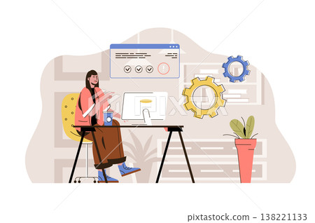 Coworking center concept. Woman working at computer in open office situation. Coworker or freelancer workplace people scene. Vector illustration with flat character design for website and mobile site Coworking center concept. Woman working at computer in open office situation. Coworker or freelancer workplace people scene. Vector illustration with flat character design for website and mobile site 138221133
