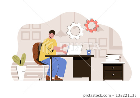 Coworking space concept. Man working on laptop in comfortable open office situation. Modern coworker workplace people scene. Vector illustration with flat character design for website and mobile site Coworking space concept. Man working on laptop in comfortable open office situation. Modern coworker workplace people scene. Vector illustration with flat character design for website and mobile site 138221135