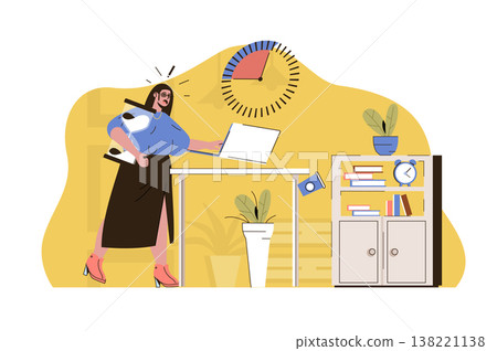 Crunch time concept. Woman does not complete work task in due time situation. Business deadline, job stress people scene. Vector illustration with flat character design for website and mobile site Crunch time concept. Woman does not complete work task in due time situation. Business deadline, job stress people scene. Vector illustration with flat character design for website and mobile site 138221138
