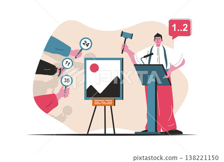 Auction concept isolated. Selling painting lots, bidding and investment in art. People scene in flat cartoon design. Vector illustration for blogging, website, mobile app, promotional materials. Auction concept isolated. Selling painting lots, bidding and investment in art. People scene in flat cartoon design. Vector illustration for blogging, website, mobile app, promotional materials. 138221150