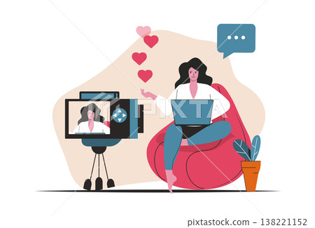Blogging concept isolated. Video content creation, online promotion, blogger work. People scene in flat cartoon design. Vector illustration for blogging, website, mobile app, promotional materials. Blogging concept isolated. Video content creation, online promotion, blogger work. People scene in flat cartoon design. Vector illustration for blogging, website, mobile app, promotional materials. 138221152