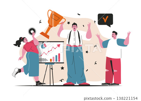 Business award concept isolated. Achievement of business goals, triumph in career. People scene in flat cartoon design. Vector illustration for blogging, website, mobile app, promotional materials. Business award concept isolated. Achievement of business goals, triumph in career. People scene in flat cartoon design. Vector illustration for blogging, website, mobile app, promotional materials. 138221154