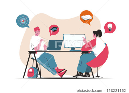 Distance learning concept isolated. Online education, video lectures and e-libraries. People scene in flat cartoon design. Vector illustration for blogging, website, mobile app, promotional materials. Distance learning concept isolated. Online education, video lectures and e-libraries. People scene in flat cartoon design. Vector illustration for blogging, website, mobile app, promotional materials. 138221162