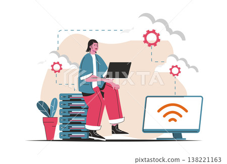 Cloud computing concept isolated. Wireless cloud technology, storage, connection. People scene in flat cartoon design. Vector illustration for blogging, website, mobile app, promotional materials. Cloud computing concept isolated. Wireless cloud technology, storage, connection. People scene in flat cartoon design. Vector illustration for blogging, website, mobile app, promotional materials. 138221163