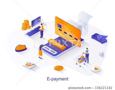 E-payment isometric web concept. People pay for invoice with credit card at online mobile banking app for mobile phone. Electronic payment scene. Vector illustration for website template in 3d design E-payment isometric web concept. People pay for invoice with credit card at online mobile banking app for mobile phone. Electronic payment scene. Vector illustration for website template in 3d design 138221182