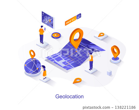 Geolocation isometric web concept. People track route on map with point marker, search by geolocation. GPS navigator with pin location sign scene. Vector illustration for website template in 3d design 138221186