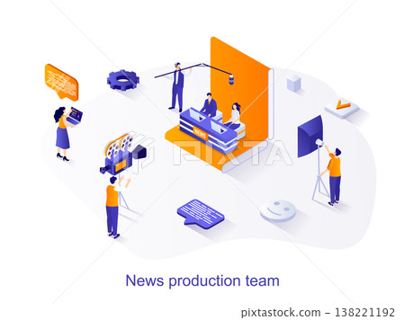 News production team isometric web concept. People conduct news program, record TV shows on cameras in studio. Journalism and mass media scene. Vector illustration for website template in 3d design News production team isometric web concept. People conduct news program, record TV shows on cameras in studio. Journalism and mass media scene. Vector illustration for website template in 3d design 138221192