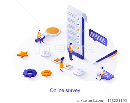Online survey isometric web concept. People tick answers in opinion questionnaire. Online voting, digital checklist paper sheet for exam scene. Vector illustration for website template in 3d design 138221193