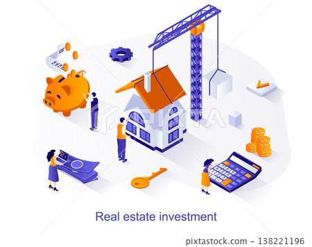 Real estate investment isometric web concept. People building new houses, invest money in construction and sale or buy of apartments scene. Vector illustration for website template in 3d design Real estate investment isometric web concept. People building new houses, invest money in construction and sale or buy of apartments scene. Vector illustration for website template in 3d design 138221196