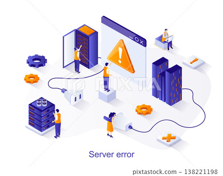 Server error isometric web concept. People working on problem site, hardware and software maintenance, tech support. 404 page error scene. Vector illustration for website template in 3d design 138221198