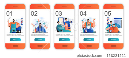 Barbershop concept onboarding screens for mobile app templates. Hairdresser shaves and cares beard. Modern UI, UX, GUI screens user interface kit with people scenes for web design. Vector illustration Barbershop concept onboarding screens for mobile app templates. Hairdresser shaves and cares beard. Modern UI, UX, GUI screens user interface kit with people scenes for web design. Vector illustration 138221211