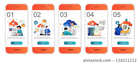 Cloud computing concept onboarding screens for mobile app templates. Data processing and storage. Modern UI, UX, GUI screens user interface kit with people scenes for web design. Vector illustration Cloud computing concept onboarding screens for mobile app templates. Data processing and storage. Modern UI, UX, GUI screens user interface kit with people scenes for web design. Vector illustration 138221212