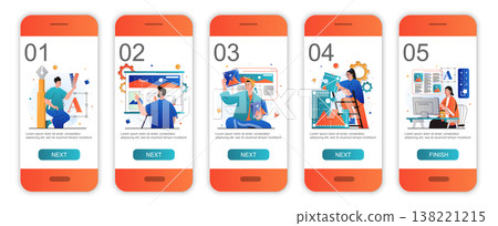 Design studio concept onboarding screens for mobile app templates. Designers draw layout elements. Modern UI, UX, GUI screens user interface kit with people scenes for web design. Vector illustration Design studio concept onboarding screens for mobile app templates. Designers draw layout elements. Modern UI, UX, GUI screens user interface kit with people scenes for web design. Vector illustration 138221215