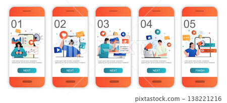 Digital marketing concept onboarding screens for mobile app templates. Advertising promotion. Modern UI, UX, GUI screens user interface kit with people scenes for web design. Vector illustration Digital marketing concept onboarding screens for mobile app templates. Advertising promotion. Modern UI, UX, GUI screens user interface kit with people scenes for web design. Vector illustration 138221216