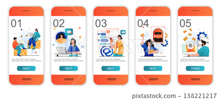 Email service concept onboarding screens for mobile app templates. Users sending letters in apps. Modern UI, UX, GUI screens user interface kit with people scenes for web design. Vector illustration Email service concept onboarding screens for mobile app templates. Users sending letters in apps. Modern UI, UX, GUI screens user interface kit with people scenes for web design. Vector illustration 138221217