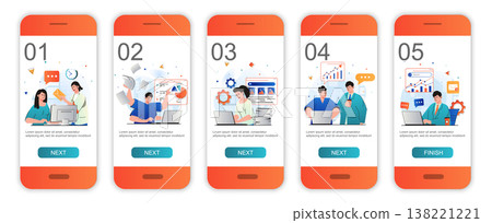 Office work concept onboarding screens for mobile app templates. Colleagues doing tasks, paperwork. Modern UI, UX, GUI screens user interface kit with people scenes for web design. Vector illustration Office work concept onboarding screens for mobile app templates. Colleagues doing tasks, paperwork. Modern UI, UX, GUI screens user interface kit with people scenes for web design. Vector illustration 138221221