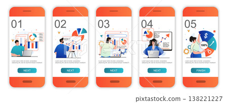 Sales performance concept onboarding screens for mobile app templates. Marketers analyze data. Modern UI, UX, GUI screens user interface kit with people scenes for web design. Vector illustration Sales performance concept onboarding screens for mobile app templates. Marketers analyze data. Modern UI, UX, GUI screens user interface kit with people scenes for web design. Vector illustration 138221227