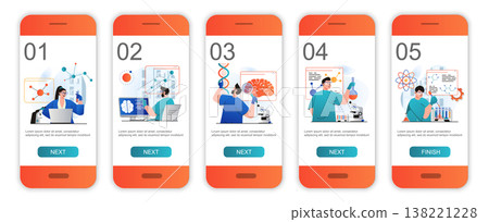 Science research concept onboarding screens for mobile app templates. Scientists make lab tests. Modern UI, UX, GUI screens user interface kit with people scenes for web design. Vector illustration 138221228