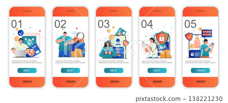 Secure payment concept onboarding screens for mobile app templates. Protection of transactions. Modern UI, UX, GUI screens user interface kit with people scenes for web design. Vector illustration Secure payment concept onboarding screens for mobile app templates. Protection of transactions. Modern UI, UX, GUI screens user interface kit with people scenes for web design. Vector illustration 138221230