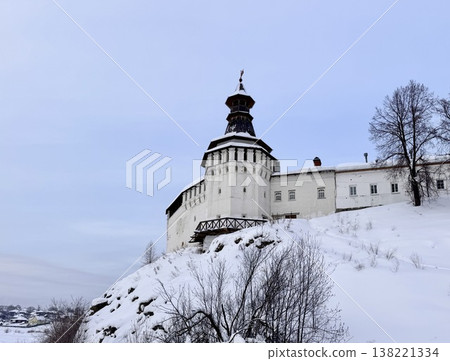 Russia, Verkhoturye Sverdlovsk region January 31, 2026 The white-stone Kremlin in the city center on the river Tour 138221334