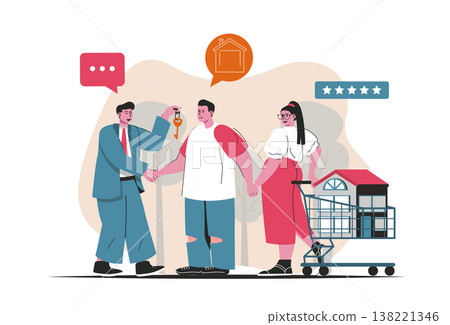 Mortgage concept isolated. Bank loan for purchase of house, realtor services. People scene in flat cartoon design. Vector illustration for blogging, website, mobile app, promotional materials. Mortgage concept isolated. Bank loan for purchase of house, realtor services. People scene in flat cartoon design. Vector illustration for blogging, website, mobile app, promotional materials. 138221346