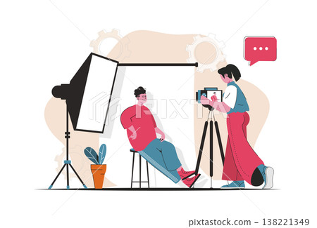 Photo studio concept isolated. Photographer makes photo session for posing man model. People scene in flat cartoon design. Vector illustration for blogging, website, mobile app, promotional materials. Photo studio concept isolated. Photographer makes photo session for posing man model. People scene in flat cartoon design. Vector illustration for blogging, website, mobile app, promotional materials. 138221349