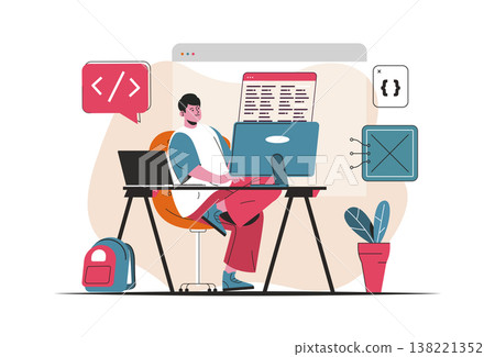 Programmer working concept isolated. Creation and development of software, programs. People scene in flat cartoon design. Vector illustration for blogging, website, mobile app, promotional materials. Programmer working concept isolated. Creation and development of software, programs. People scene in flat cartoon design. Vector illustration for blogging, website, mobile app, promotional materials. 138221352