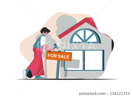 Real estate concept isolated. Homes for sale, realtor services, bank loans, mortgage. People scene in flat cartoon design. Vector illustration for blogging, website, mobile app, promotional materials. Real estate concept isolated. Homes for sale, realtor services, bank loans, mortgage. People scene in flat cartoon design. Vector illustration for blogging, website, mobile app, promotional materials. 138221353