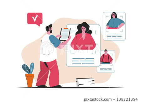 Recruitment agency concept isolated. Candidate resume search, human resources. People scene in flat cartoon design. Vector illustration for blogging, website, mobile app, promotional materials. Recruitment agency concept isolated. Candidate resume search, human resources. People scene in flat cartoon design. Vector illustration for blogging, website, mobile app, promotional materials. 138221354