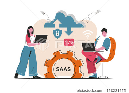 SAAS concept isolated. Candidate Users buy software licenses, use cloud technologies. People scene in flat cartoon design. Vector illustration for blogging, website, mobile app, promotional materials. 138221355