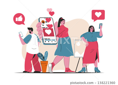Social network concept isolated. Social media users chat, like, post in mobile app. People scene in flat cartoon design. Vector illustration for blogging, website, mobile app, promotional materials. Social network concept isolated. Social media users chat, like, post in mobile app. People scene in flat cartoon design. Vector illustration for blogging, website, mobile app, promotional materials. 138221360