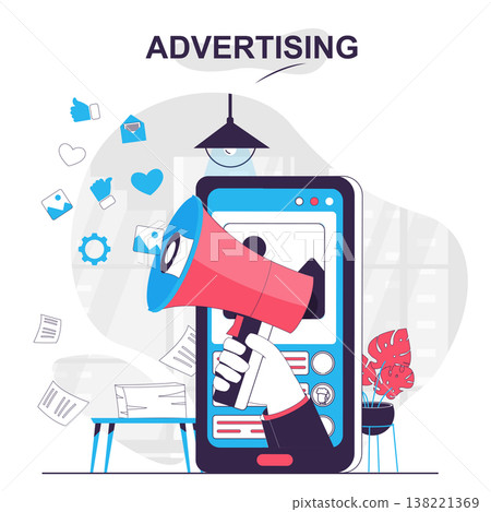 Advertising isolated cartoon concept. Online promotion in social media at mobile app, people scene in flat design. Vector illustration for blogging, website, mobile app, promotional materials. Advertising isolated cartoon concept. Online promotion in social media at mobile app, people scene in flat design. Vector illustration for blogging, website, mobile app, promotional materials. 138221369