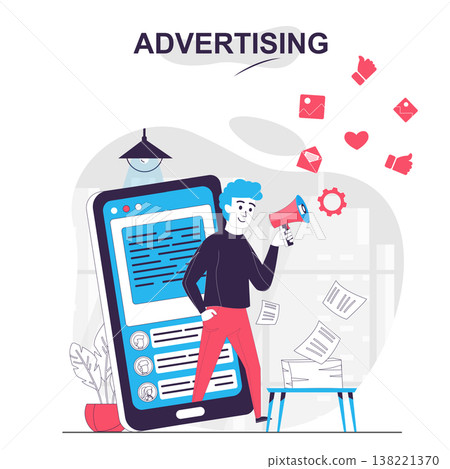Advertising isolated cartoon concept. Man attracts clients in social media at mobile app, people scene in flat design. Vector illustration for blogging, website, mobile app, promotional materials. Advertising isolated cartoon concept. Man attracts clients in social media at mobile app, people scene in flat design. Vector illustration for blogging, website, mobile app, promotional materials. 138221370