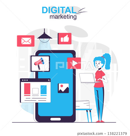 Digital marketing isolated cartoon concept. Marketer makes online promotion in social network people scene in flat design. Vector illustration for blogging, website, mobile app, promotional materials. Digital marketing isolated cartoon concept. Marketer makes online promotion in social network people scene in flat design. Vector illustration for blogging, website, mobile app, promotional materials. 138221379